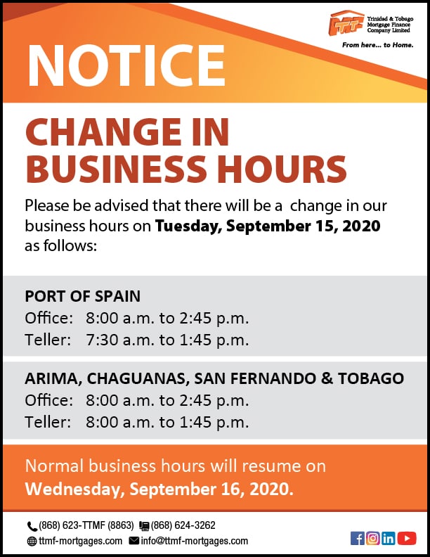 Change in Business Hours 15/9/20